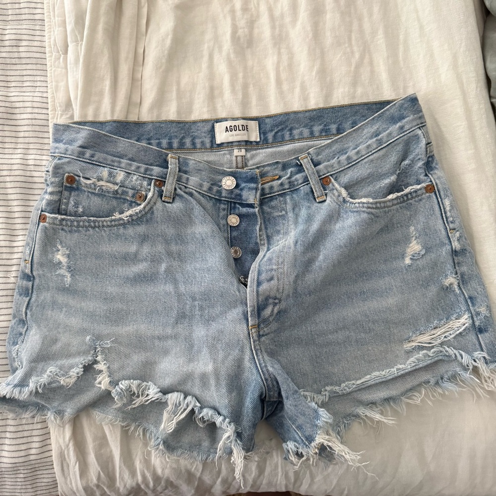 AGOLDE shorts Parker button fly jorts denim destroyed rip light wash